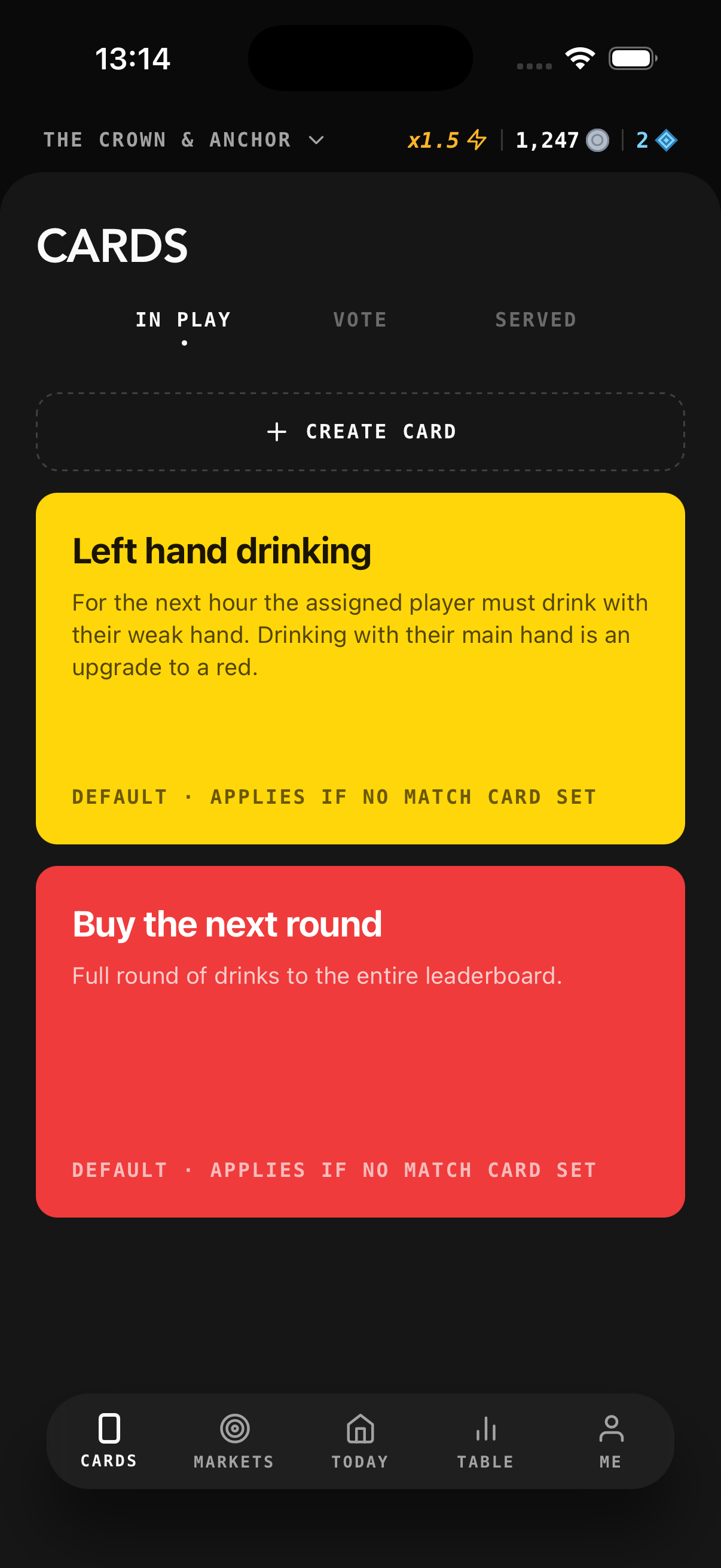 Pub XI Cards voting screen
