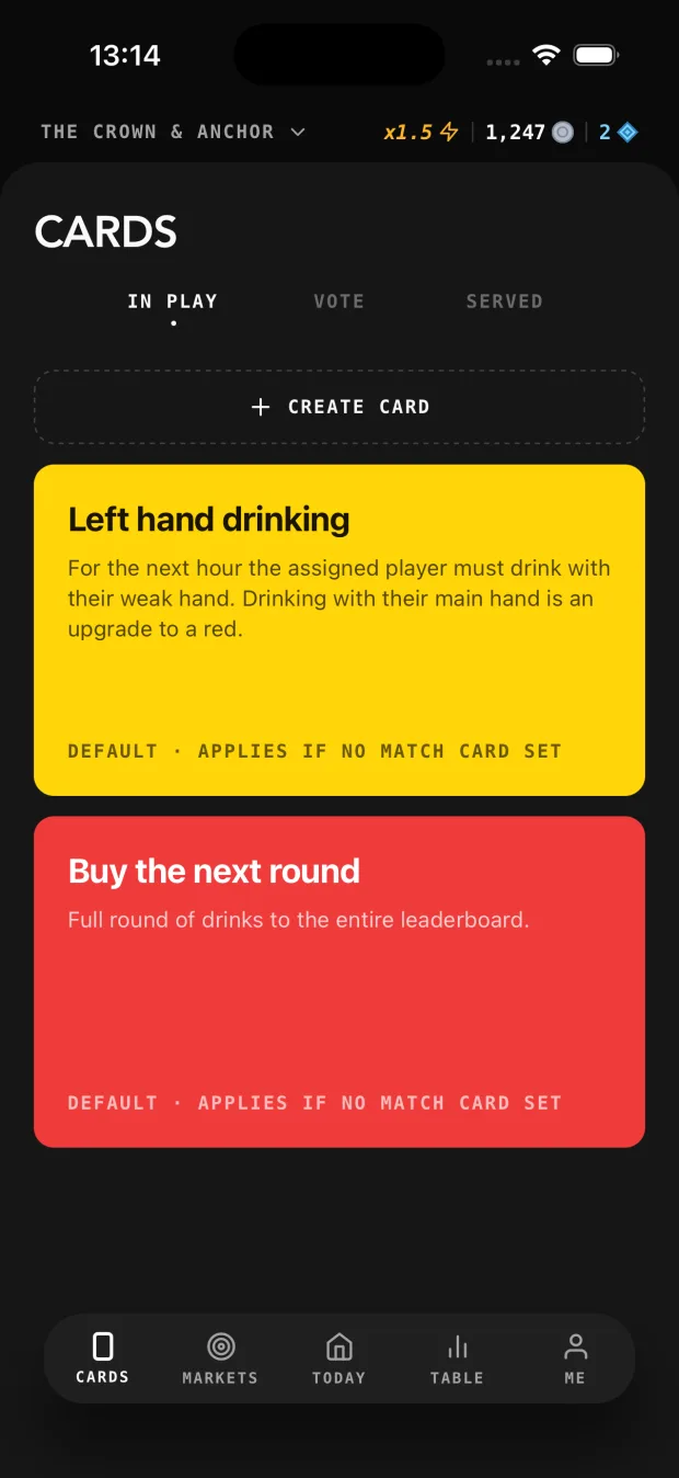 Pub XI Cards voting screen