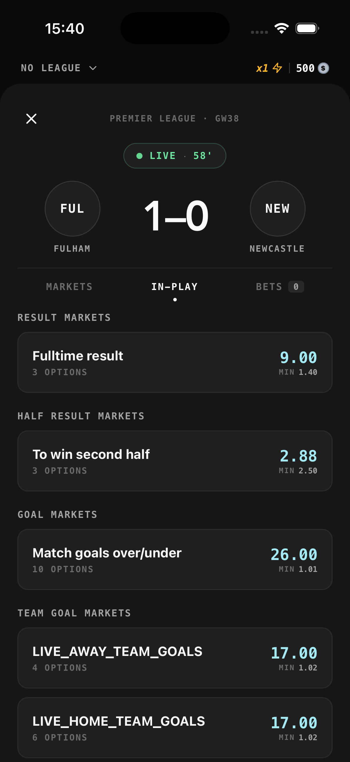 Markets screen showing live odds