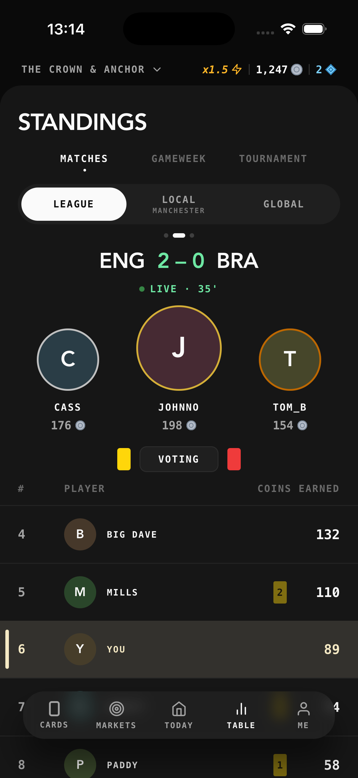 Pub XI Standings screen