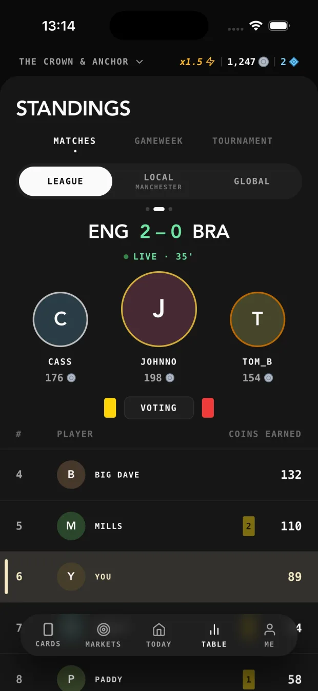 Pub XI Standings screen