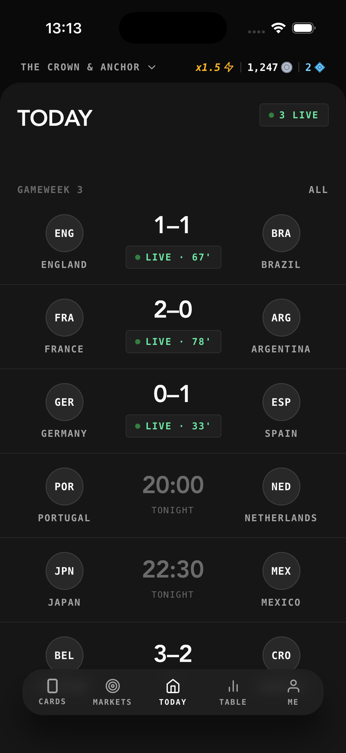 Pub XI Today screen showing live matches